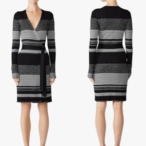 Diane Von Furstenberg Metallic Striped Long Sleeve Knit Wrap Dress Black Silver